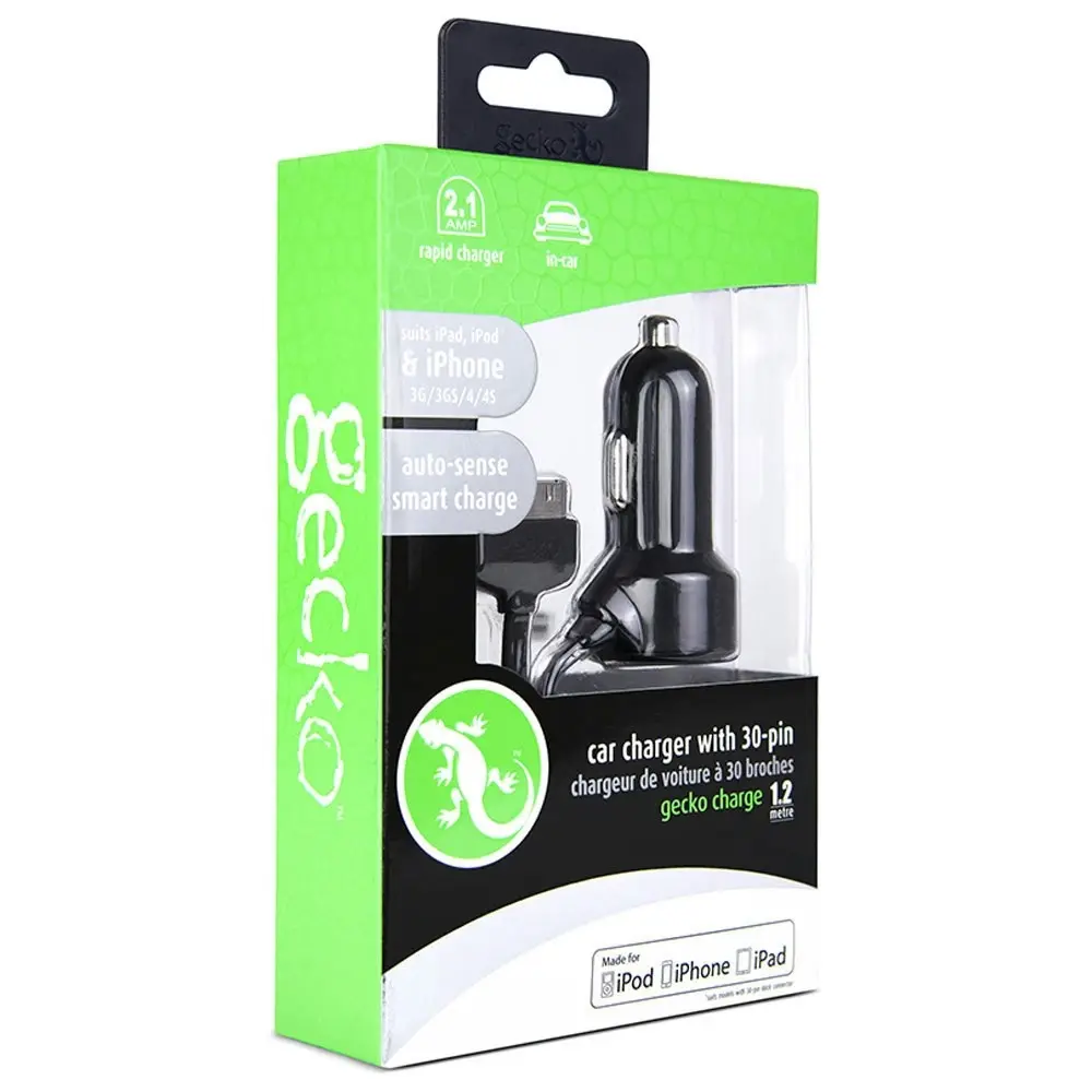 Gecko 2.1A Car Travel Charger 1.2m Adapter For iPad/iPod/iPhone 3G/3GS/4/4S BLK