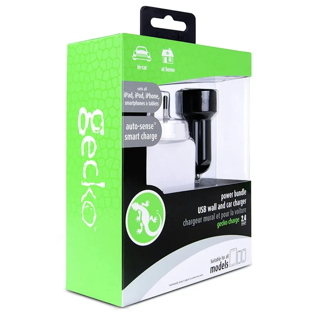 Gecko White AC USB Adapter & Black Car Travel Charger For iPhone/iPad/Smartphone