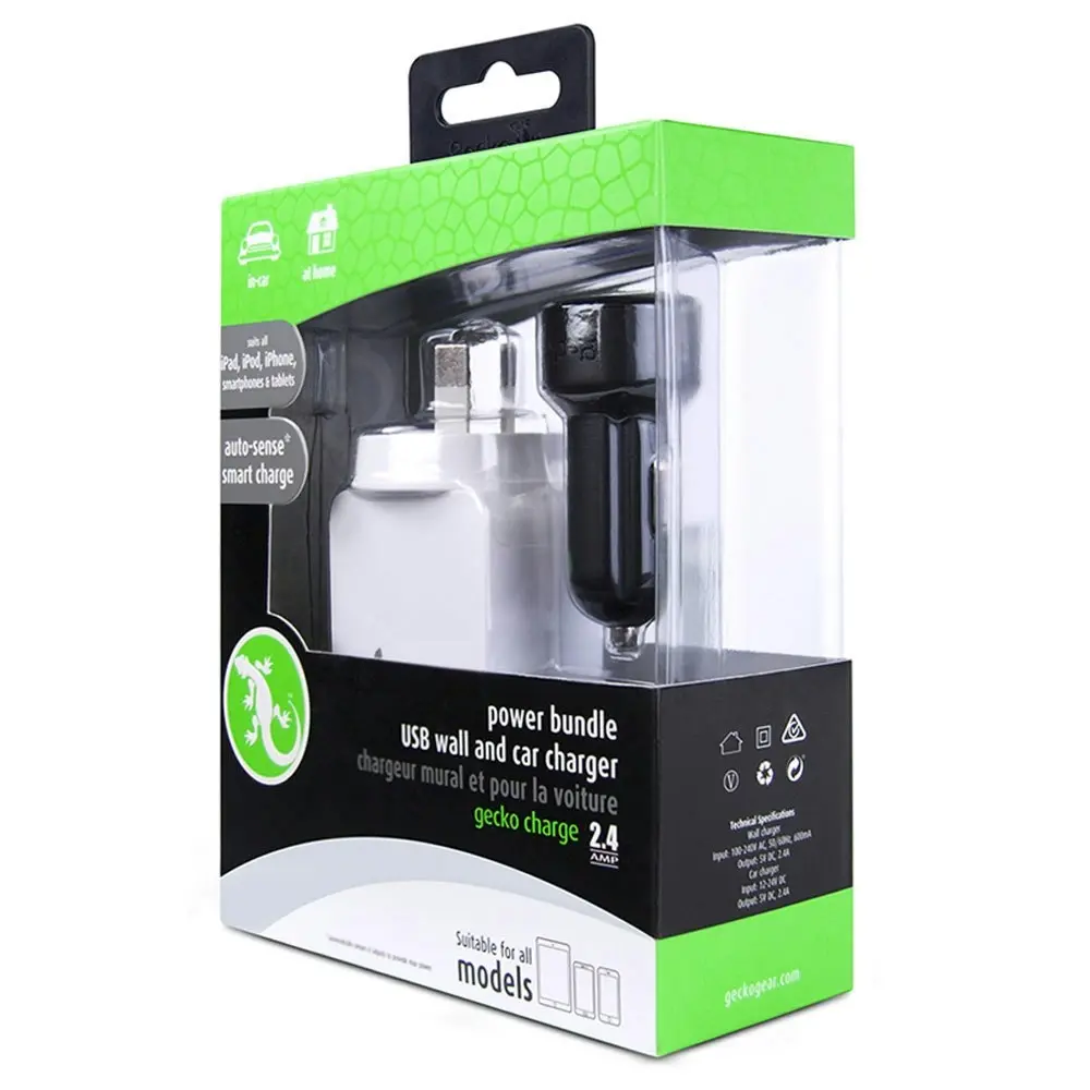 Gecko White AC USB Adapter & Black Car Travel Charger For iPhone/iPad/Smartphone