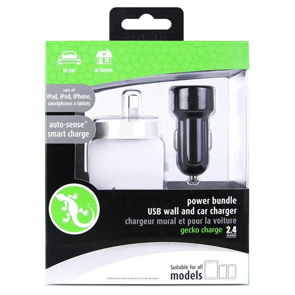 Gecko White AC USB Adapter & Black Car Travel Charger For iPhone/iPad/Smartphone