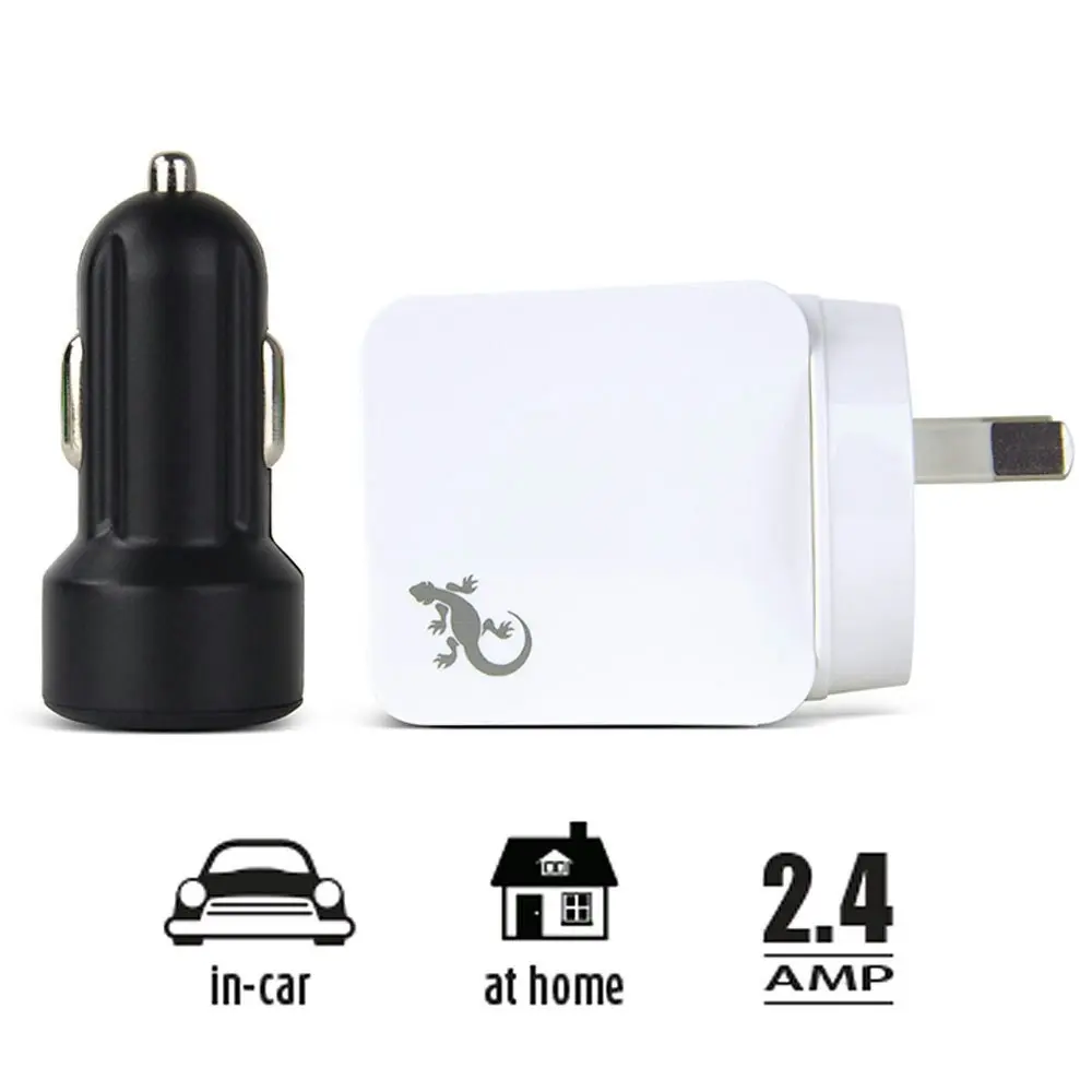 Gecko White AC USB Adapter & Black Car Travel Charger For iPhone/iPad/Smartphone