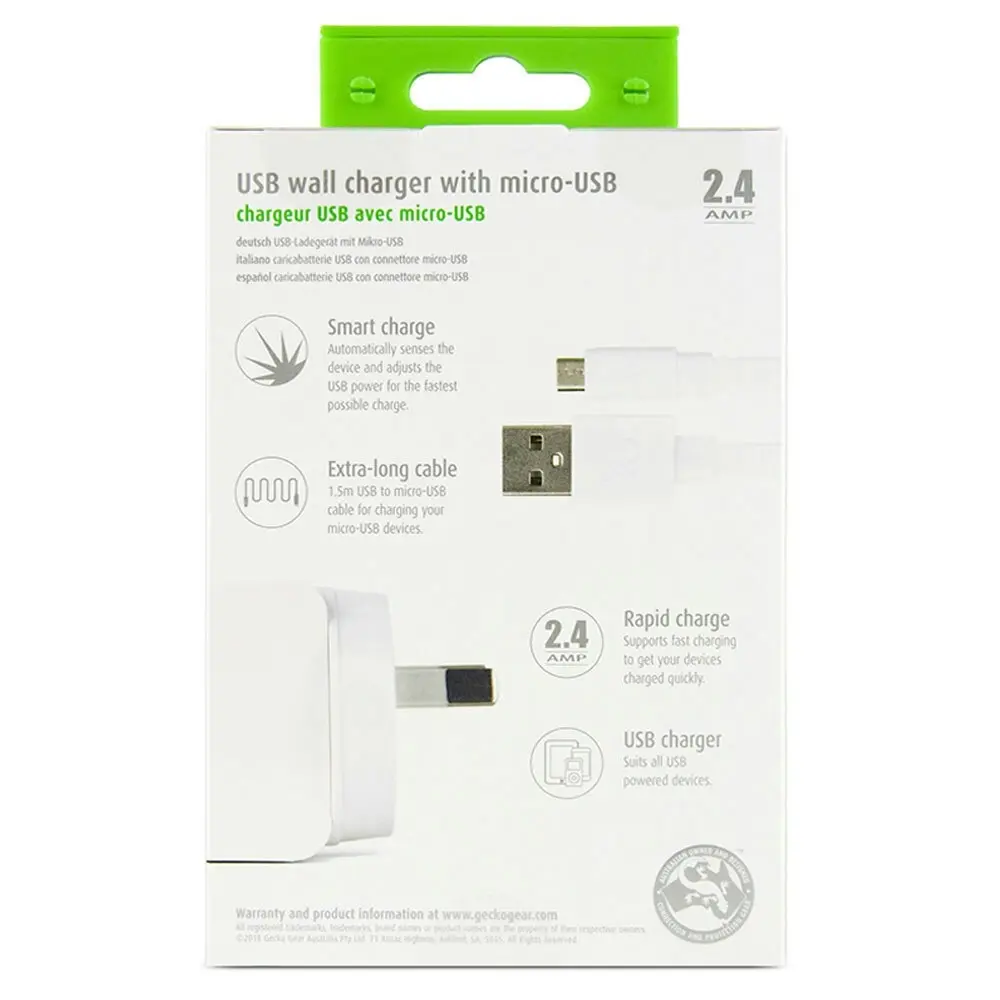 Gecko USB 2.4A Wall Charger w/1.5m Micro-USB Cable for Smartphones/Cameras White