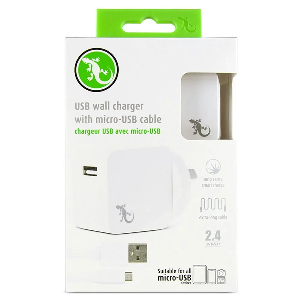 Gecko USB 2.4A Wall Charger w/1.5m Micro-USB Cable for Smartphones/Cameras White