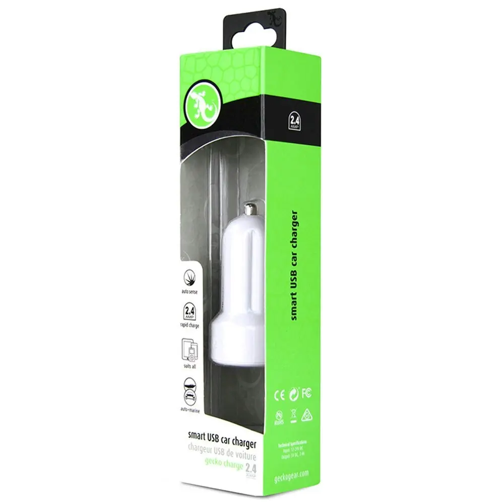 Gecko Smart 2.4A USB Car Charger for Smartphones GPS Tablet Dash Cameras White