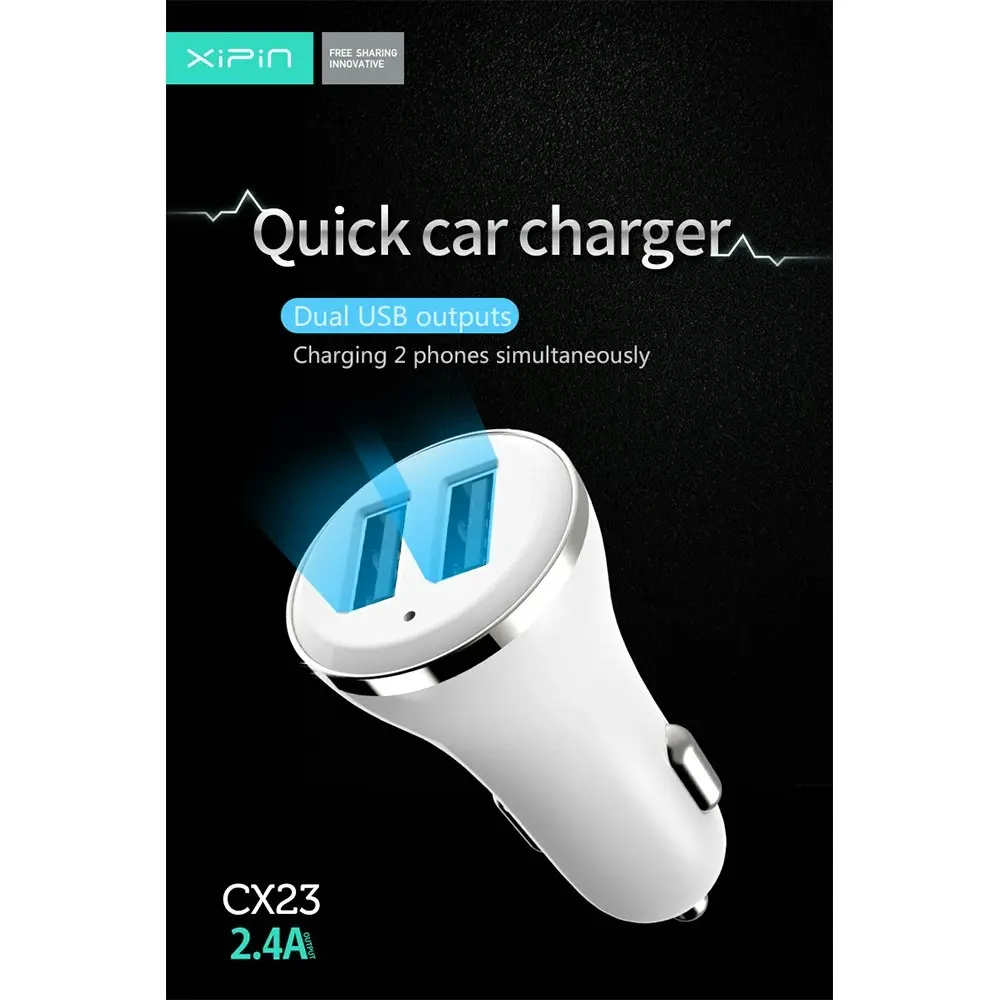 Xipin 2.4A Fast Charge Mini Car Charger w/ Dual USB Ports for Phones White