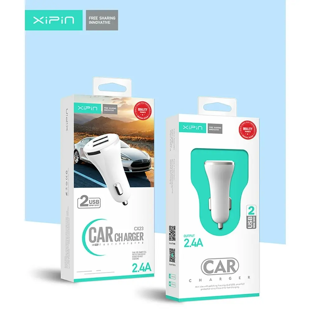 Xipin 2.4A Fast Charge Mini Car Charger w/ Dual USB Ports for Phones White