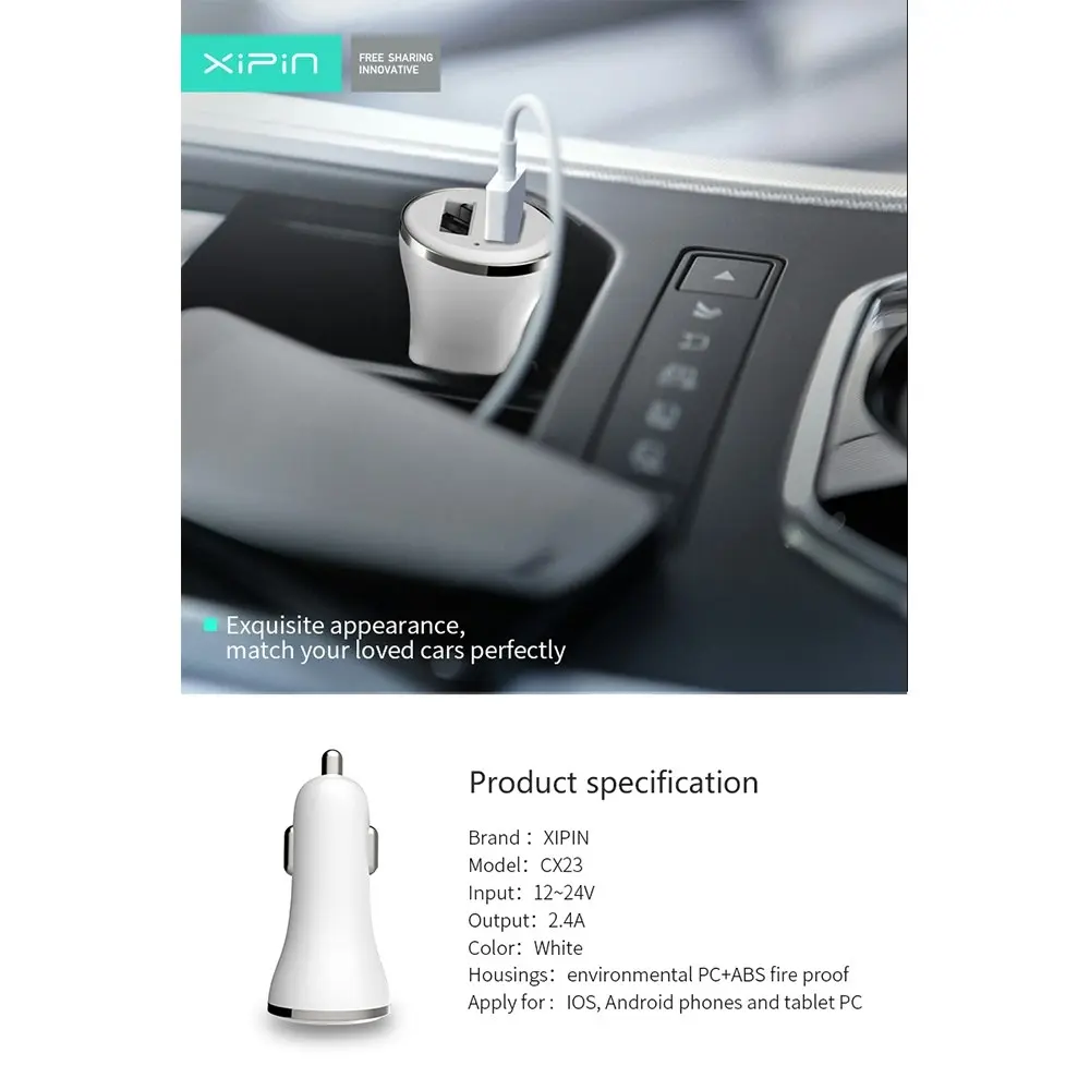 Xipin 2.4A Fast Charge Mini Car Charger w/ Dual USB Ports for Phones White