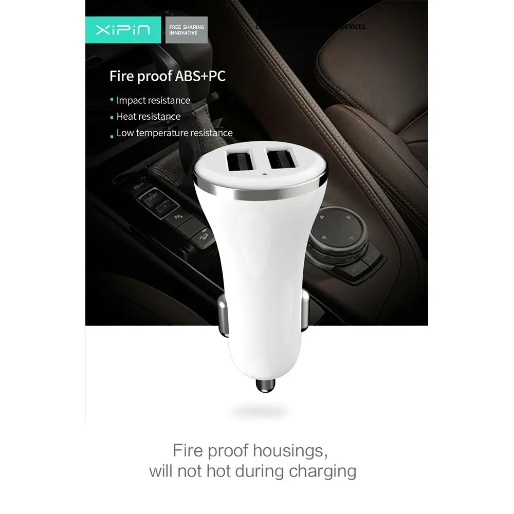 Xipin 2.4A Fast Charge Mini Car Charger w/ Dual USB Ports for Phones White