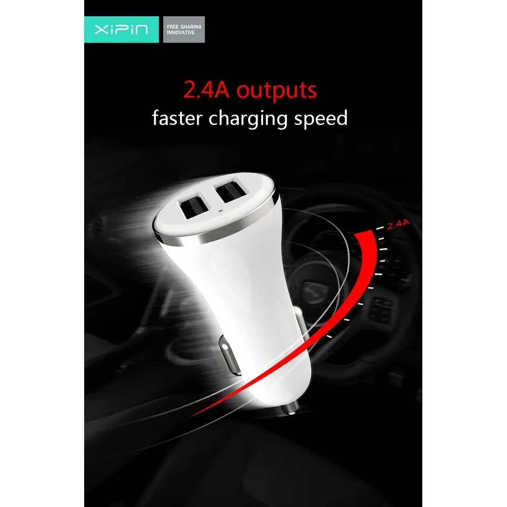 Xipin 2.4A Fast Charge Mini Car Charger w/ Dual USB Ports for Phones White