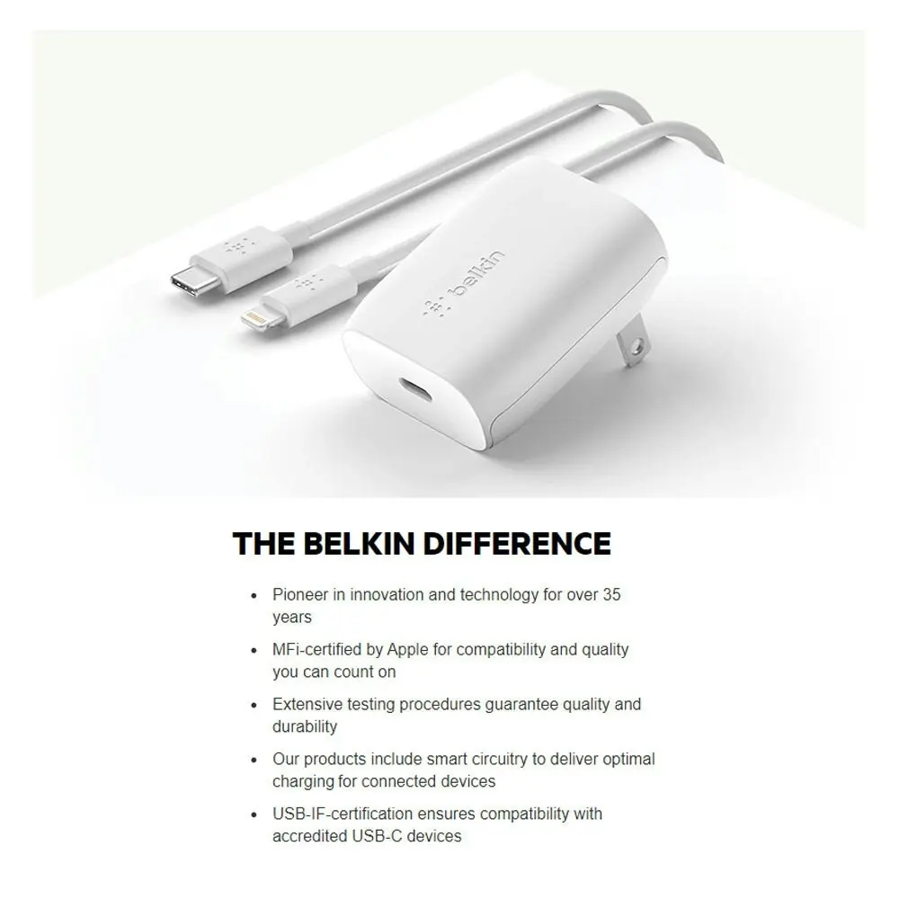 Belkin 1 Port USB-C Wall Charger 18W w/ Lighting Cable for iPhone X XS 11 White