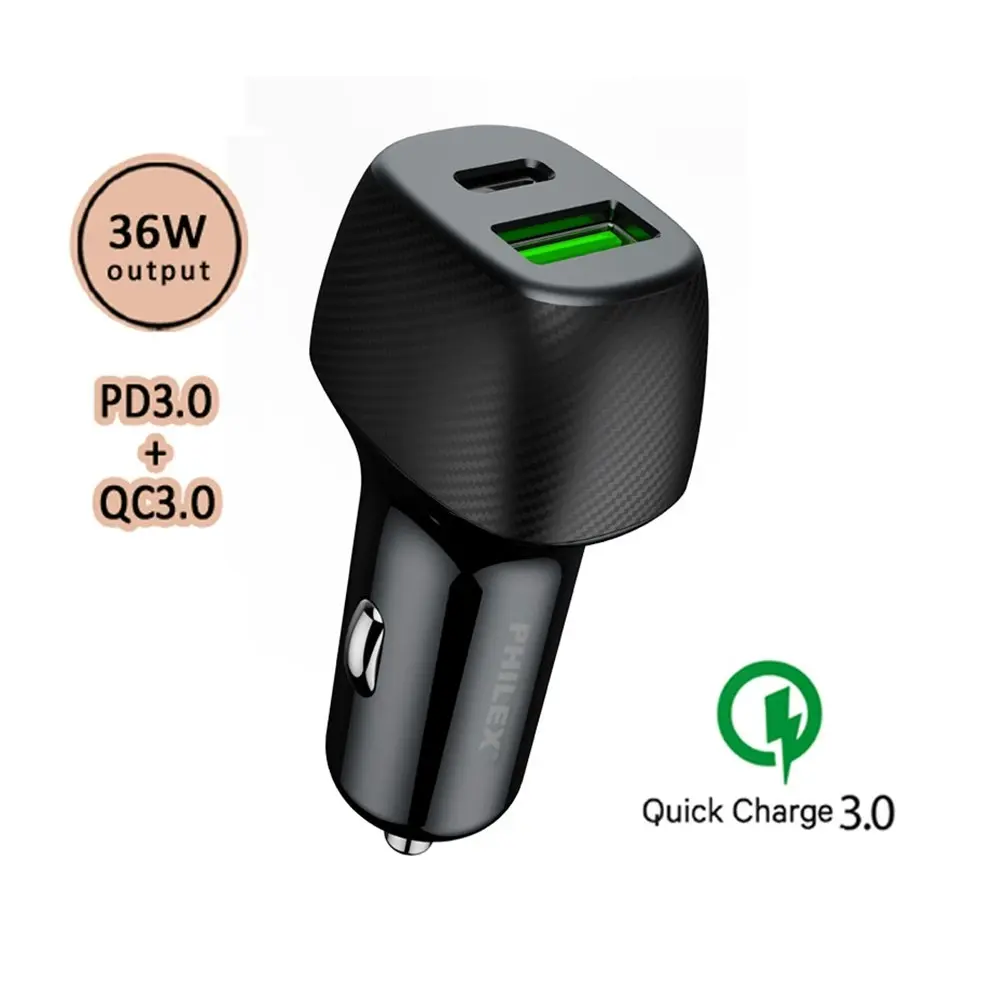 Philex 36W Dual USB-C & USB Ports Car Charger Socket for Phones/Tablets Black