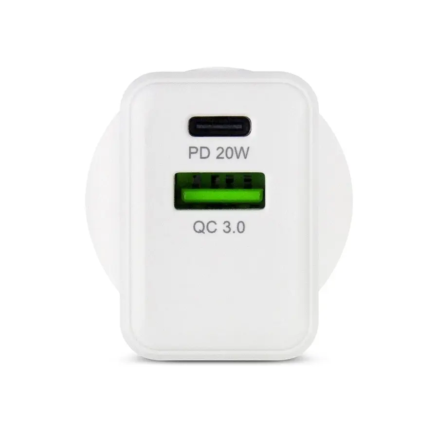 Gecko 20W PD Dual Port USB-C & USB-A Wall Charger 240V Smart/Fast Charging White