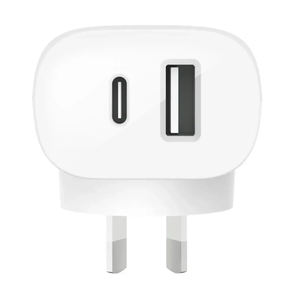 Belkin 2-Port Socket USB/USB-C 25W Wall Charger Travel Plug for iPhone/iPad WHT