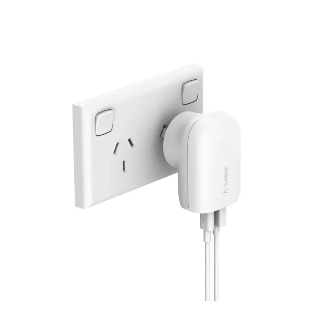 Belkin 2-Port Socket USB/USB-C 25W Wall Charger Travel Plug for iPhone/iPad WHT