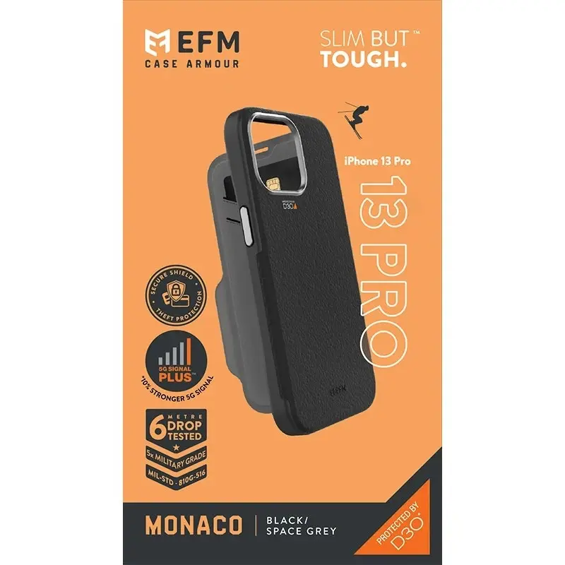 EFM Monaco D3O 5G Armour Leather Wallet Case Protection for iPhone 13 Pro Black