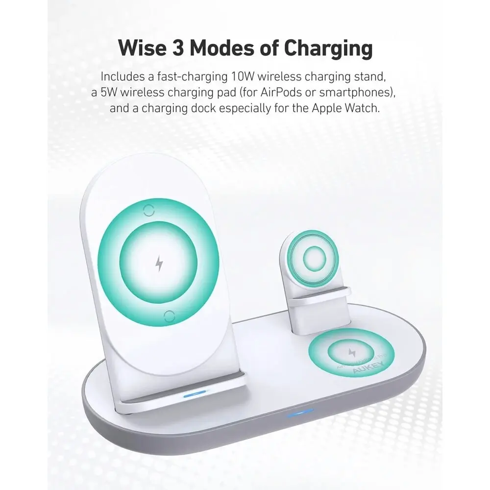 Aukey 3 In 1 Aircore Series Wireless Charging Station Stand White f/ Apple