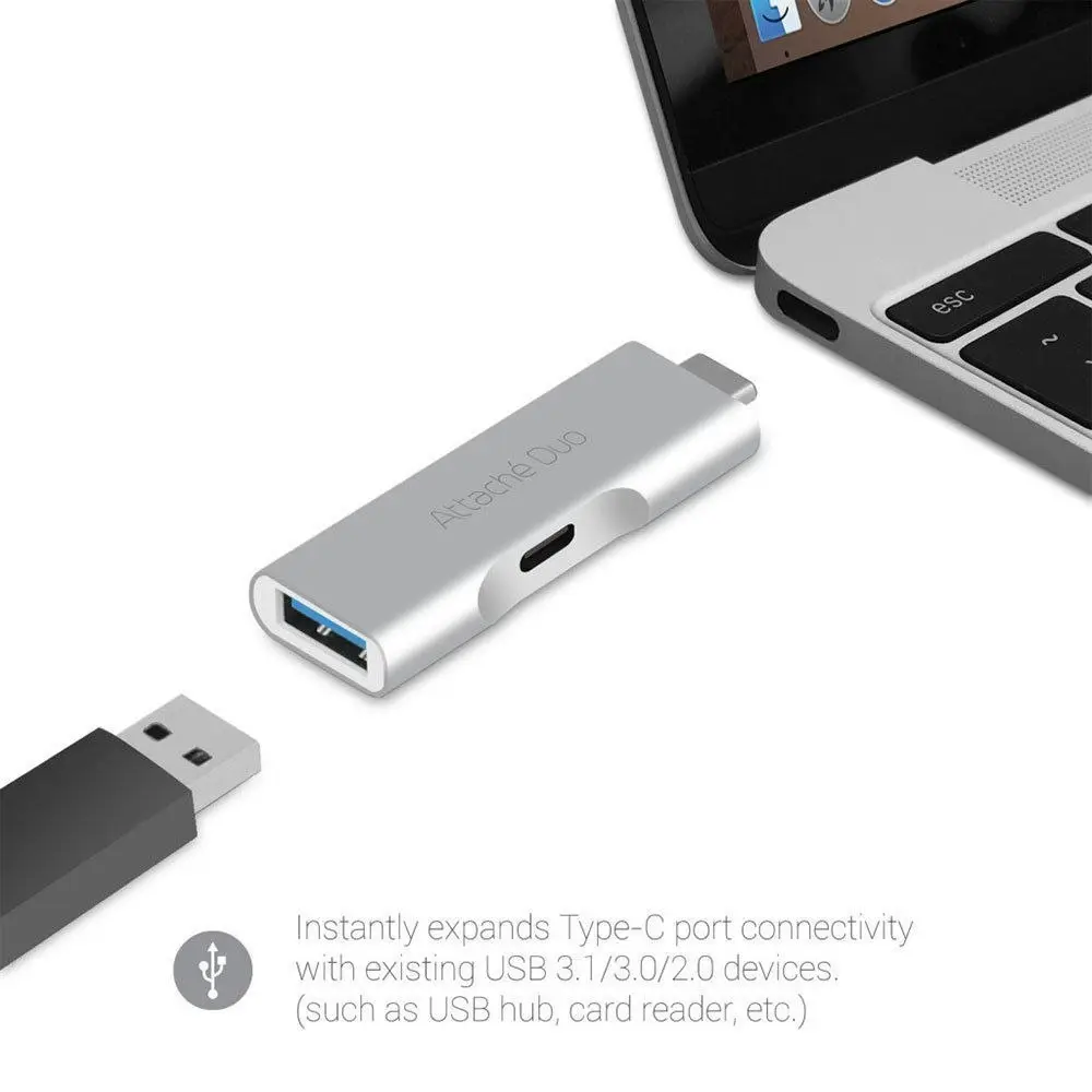 Attaché Dual Port Male USB-C Adaptor to Female USB 3.1 for MacBook Chromebook