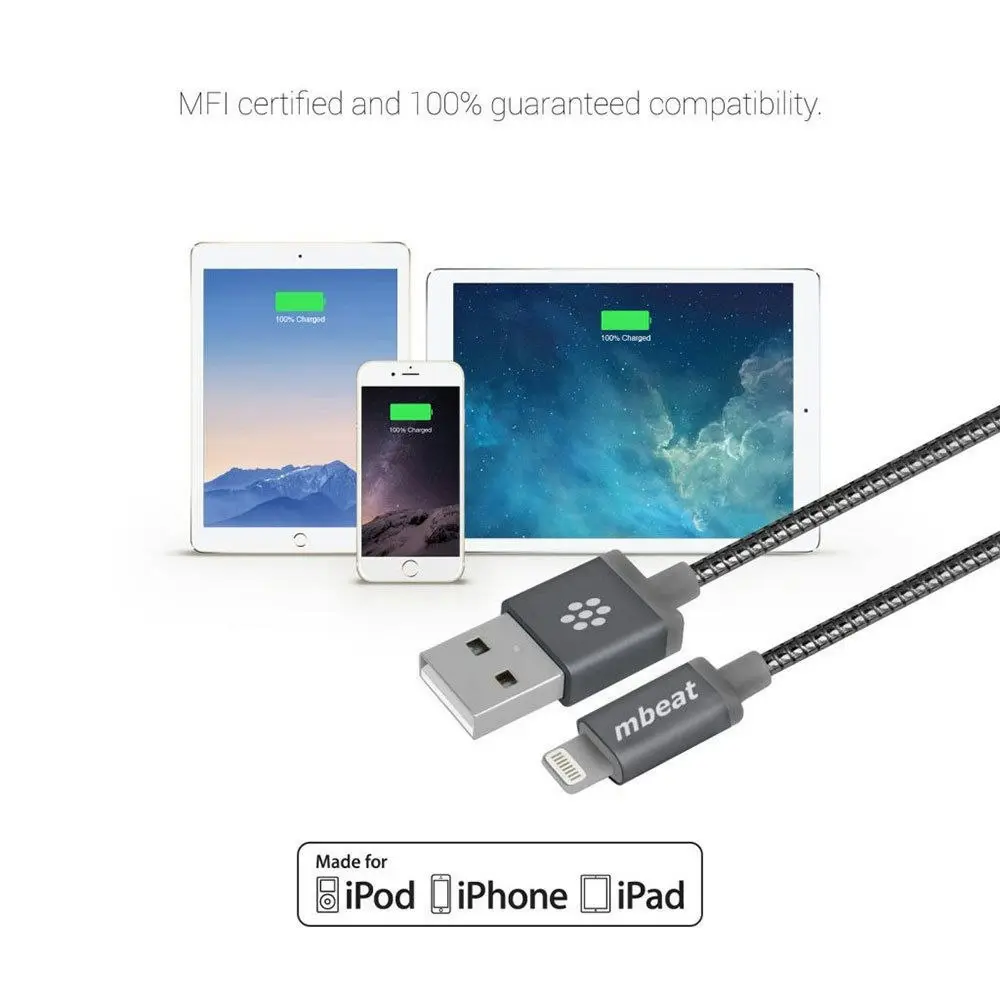 mBeat MFI-Certified ToughLink Metal Charging Lightning Cable 1.2m for iPhone GRY