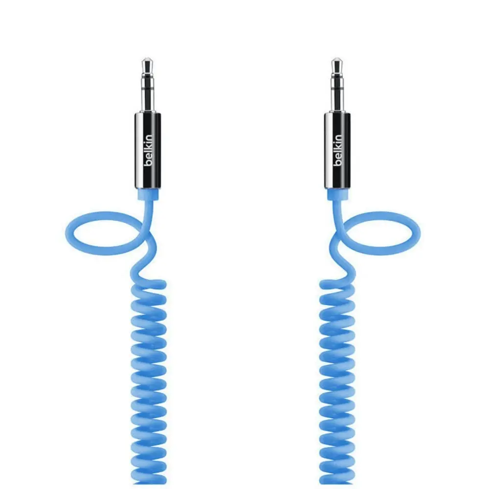 2x Belkin 1.8m Male Coiled Aux Auxiliary Cable Stereo Audio Lead 3.5mm Cord Blue