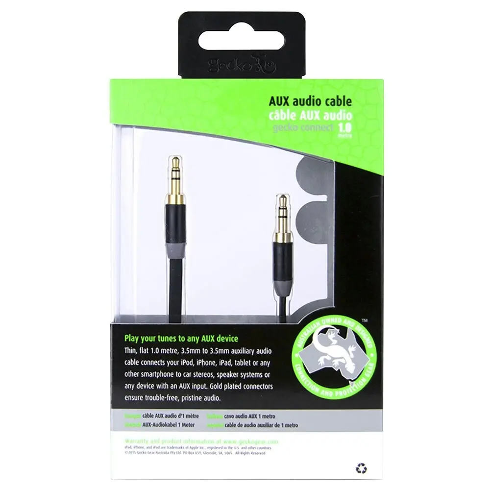 Gecko 1m Flat 3.5mm Male to M AUX Cable Gold Plated Audio Cord f/ Car/Phone BLK