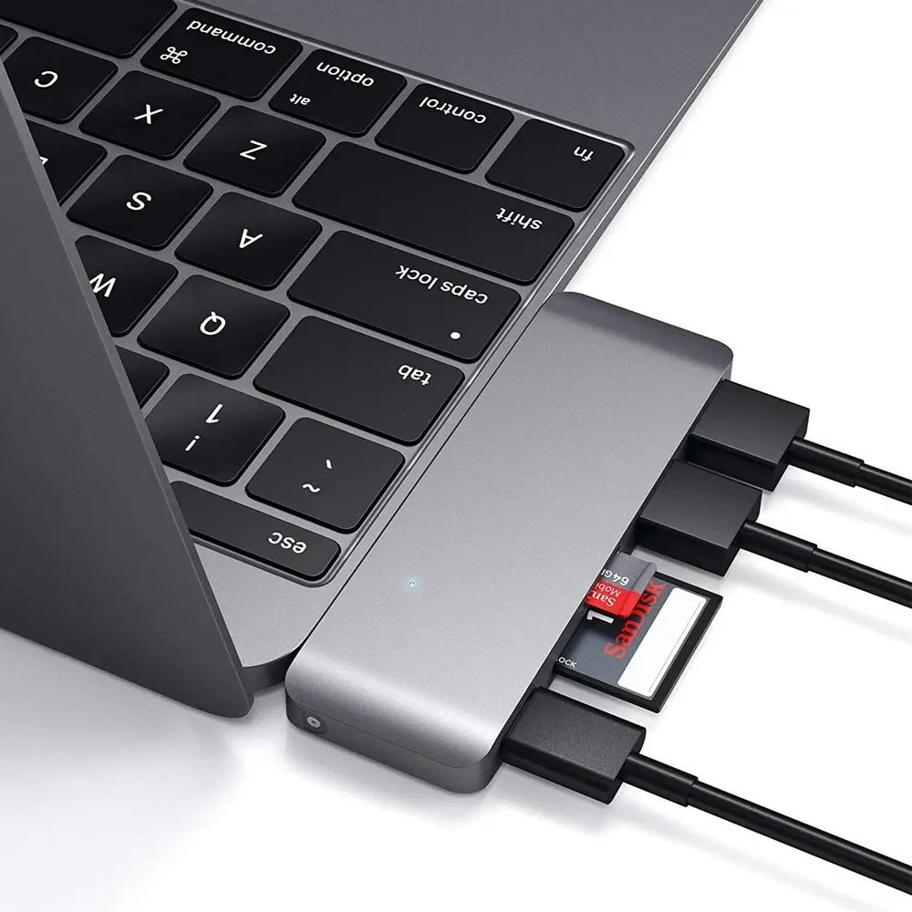 Satechi USB-C Male Pass Through Hub w/Micro/SD USB-C/USB-A Port/Slot Female Grey