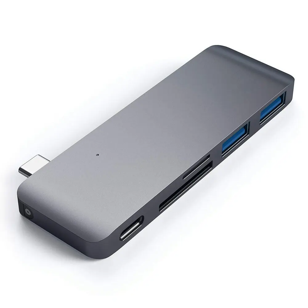 Satechi USB-C Male Pass Through Hub w/Micro/SD USB-C/USB-A Port/Slot Female Grey