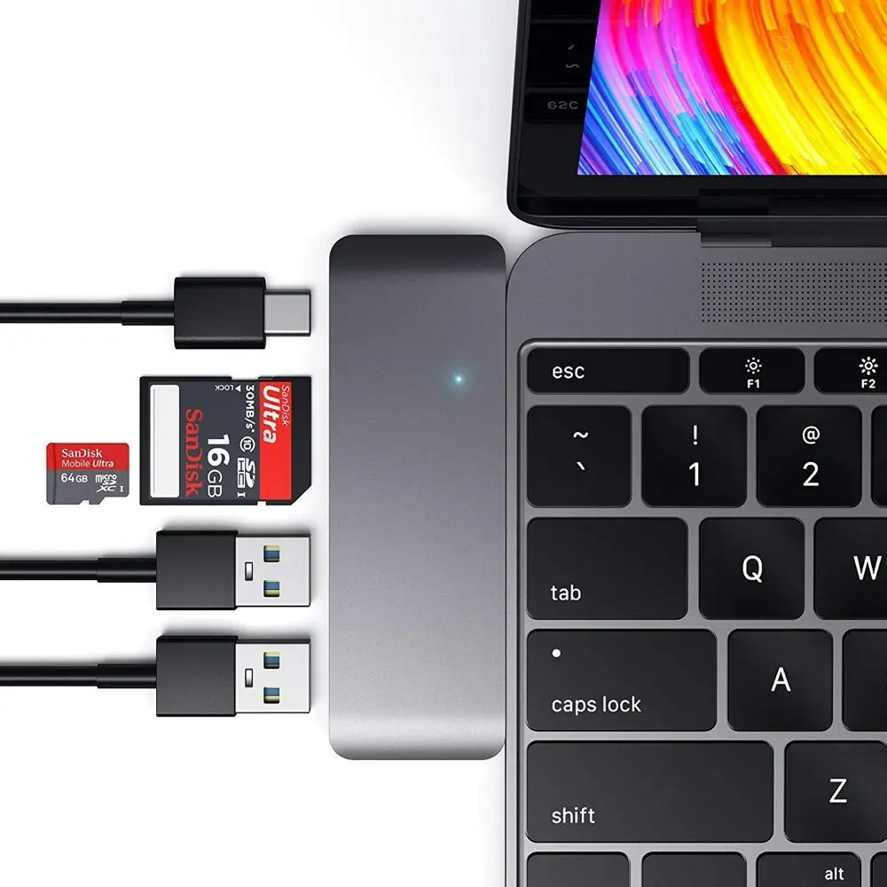 Satechi USB-C Male Pass Through Hub w/Micro/SD USB-C/USB-A Port/Slot Female Grey