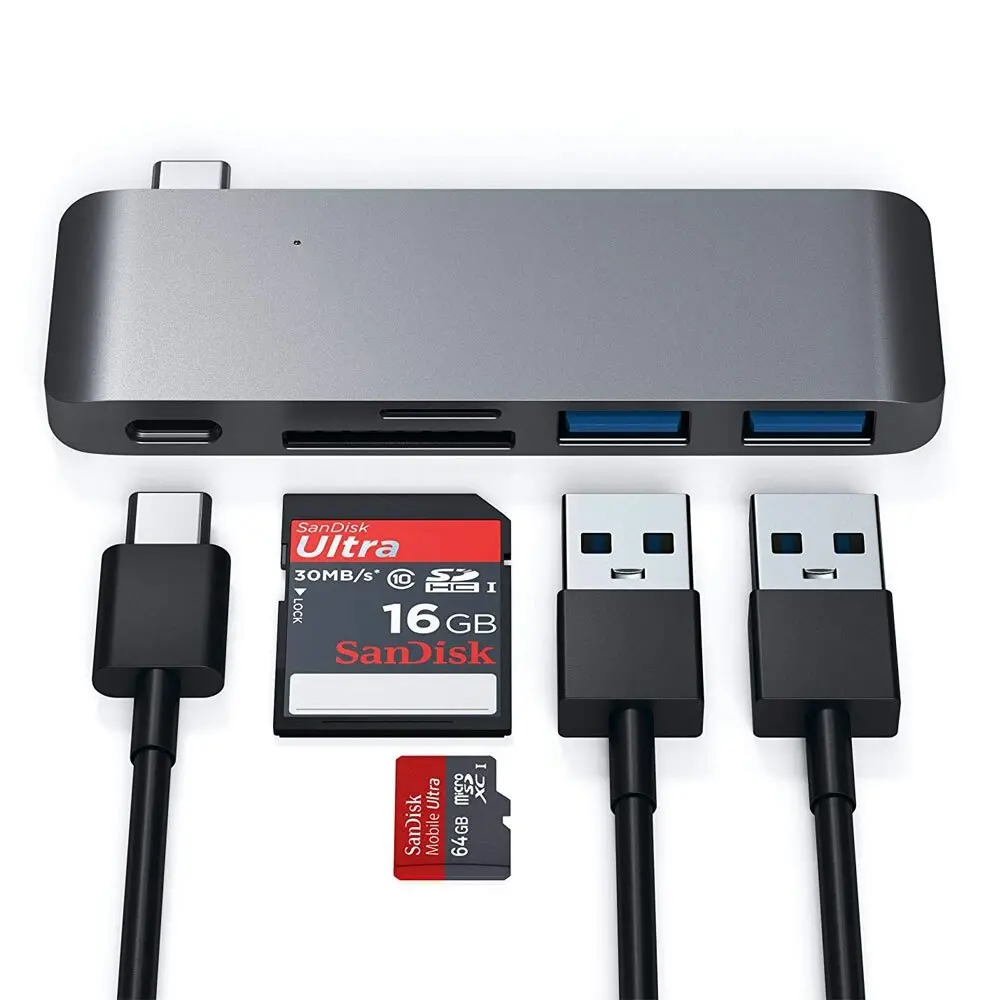 Satechi USB-C Male Pass Through Hub w/Micro/SD USB-C/USB-A Port/Slot Female Grey