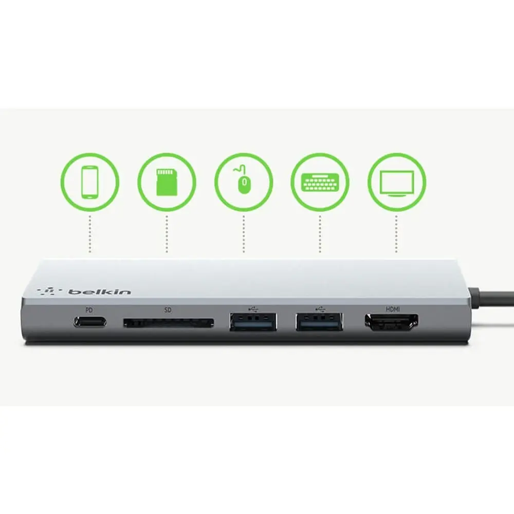 Belkin 5in1 USB Hub USB-A/USB-C/HDMI/Ethernet/SD Card Multiport f/Macbook/Laptop