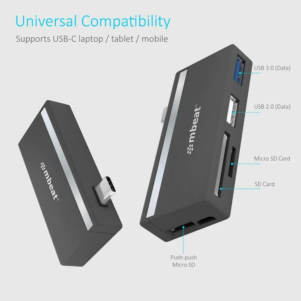 mBeat Essential UCH 27 Hub Adapter USB-C to USB-A 3.0 SD/TF Card Reader f/Laptop