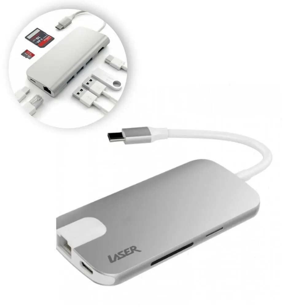 Laser USB Type C to USB-3.0 USB-C Micro/SD Card Reader/HDMI w/ Ethernet Silver