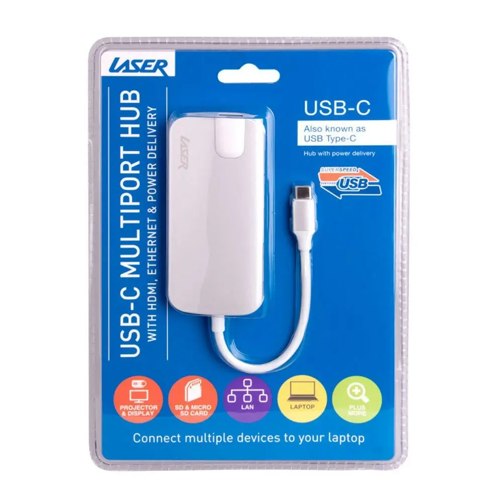 Laser USB Type C to USB-3.0 USB-C Micro/SD Card Reader/HDMI w/ Ethernet Silver