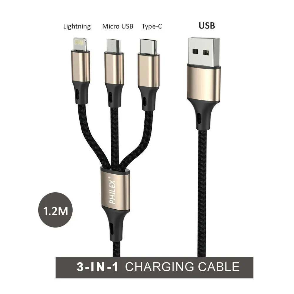 Philex 3In1 1.2m 8 Pin/Micro/USB C Charging Cable for iPhone 11/Samsung GLD