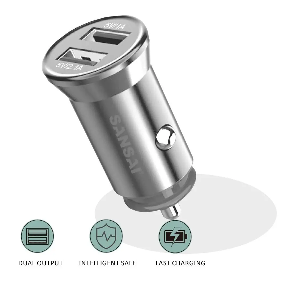 Sansai Aluminium Dual USB-A Car Charger 4.8A for iPhone 11 X/Samsung S8+ Silver