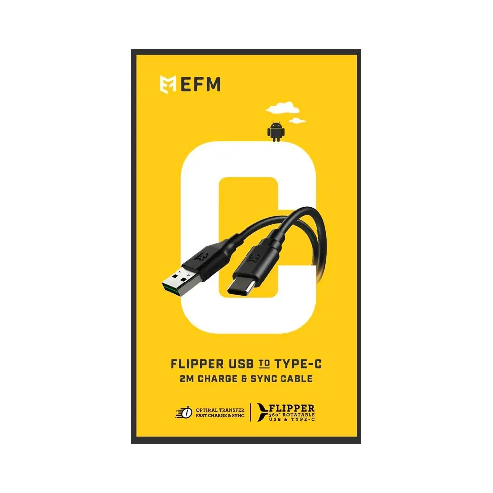 EFM Flipper Type C to USB-A Cable 2M Black Samsung/Apple Phone Charging Cable