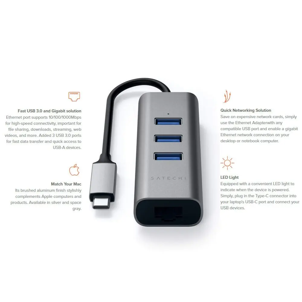 Satechi 3 Port USB-C 2-In-1 Ethernet & USB 3.0 Hub for MacBook/HP/Dell Space GRY