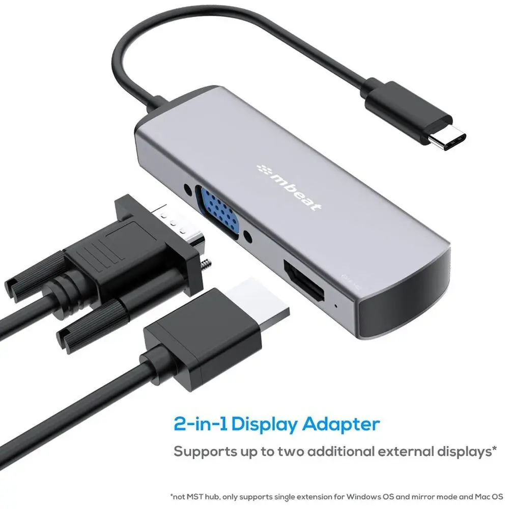 mBeat Elite X2 2-In-1 USB-C to 4K HDMI/VGA Adapter Hub for Laptop Space Grey