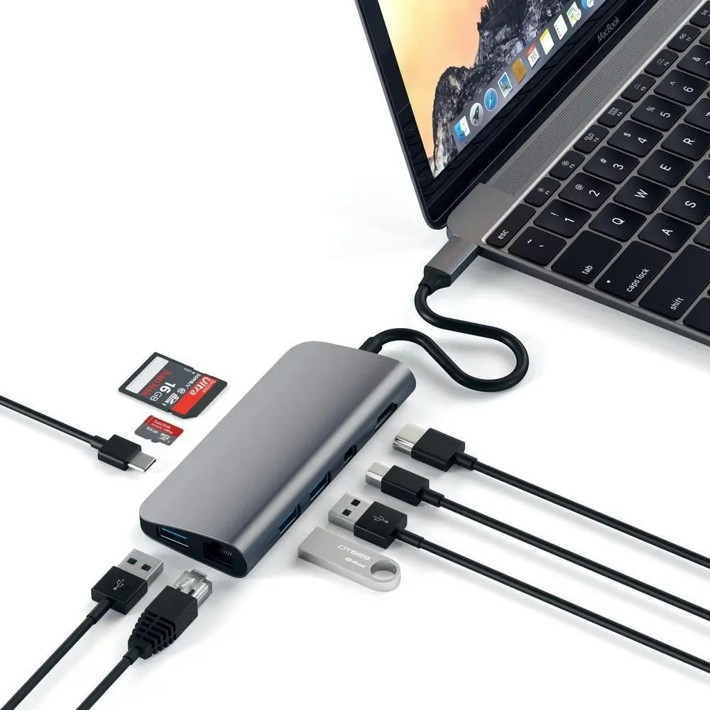 Satechi USB-C Multimedia Adapter w/Ethernet/Mini Display/USB-C/USB-A/HDMI Grey