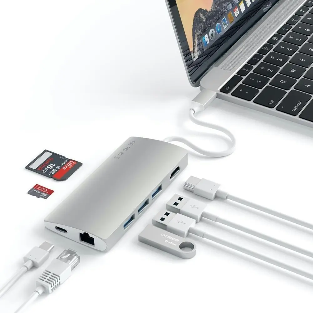 Satechi USB-C Multi-Port Adapter w/HDMI/Ethernet/USB-C/USB-A/SD/Micro-SD Silver