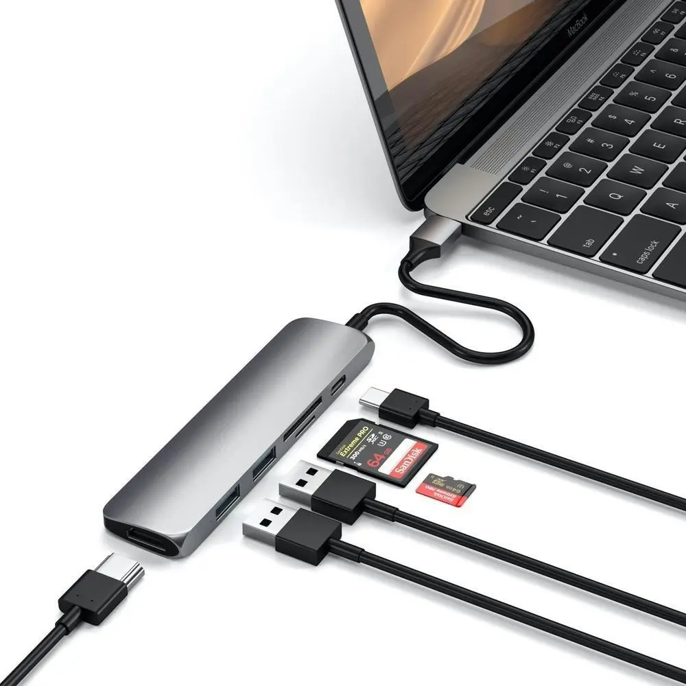 Satechi Slim USB-C MultiPort Adapter w/USB-C/HDMI/SD/Micro SD Slot/USB-A Hub GRY