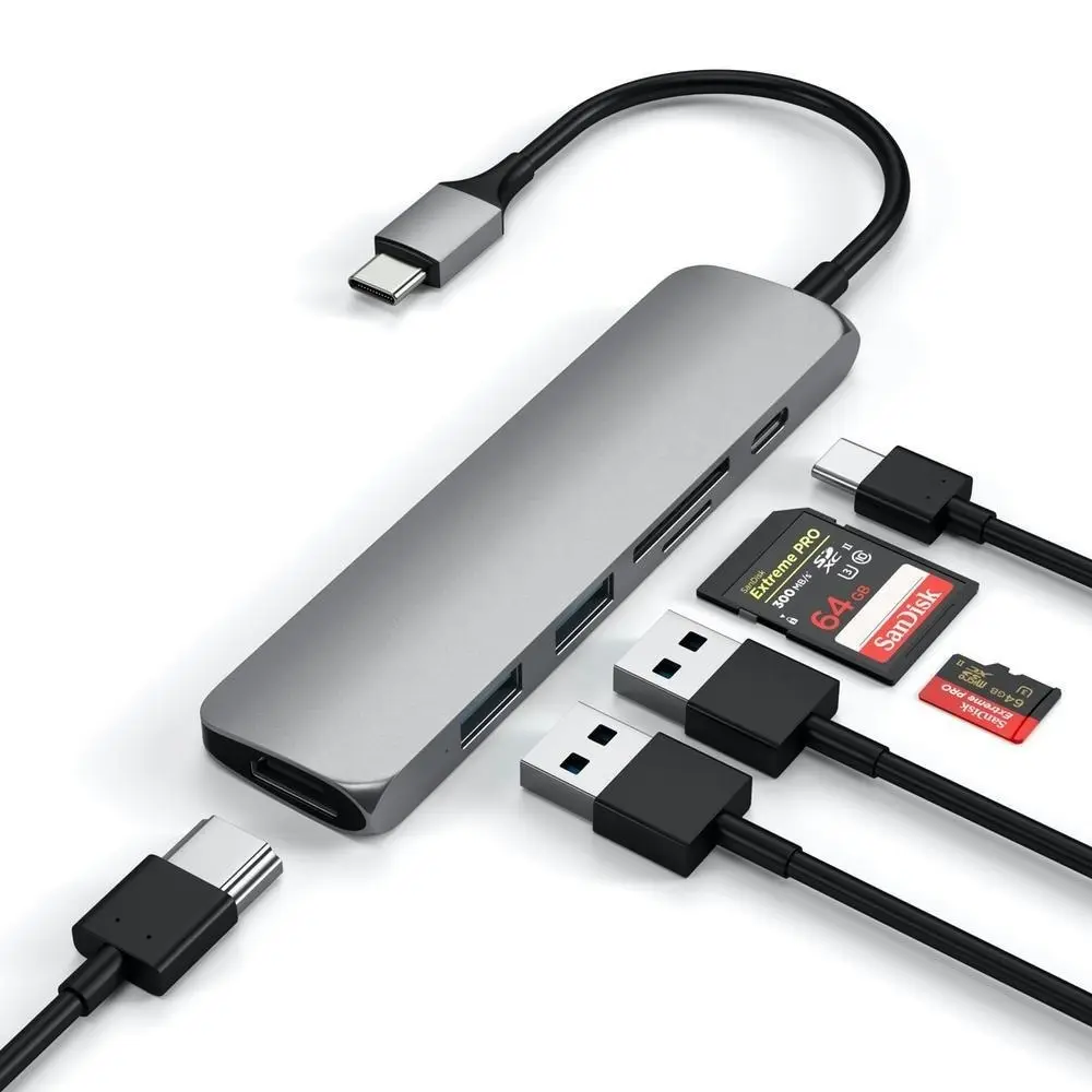 Satechi Slim USB-C MultiPort Adapter w/USB-C/HDMI/SD/Micro SD Slot/USB-A Hub GRY