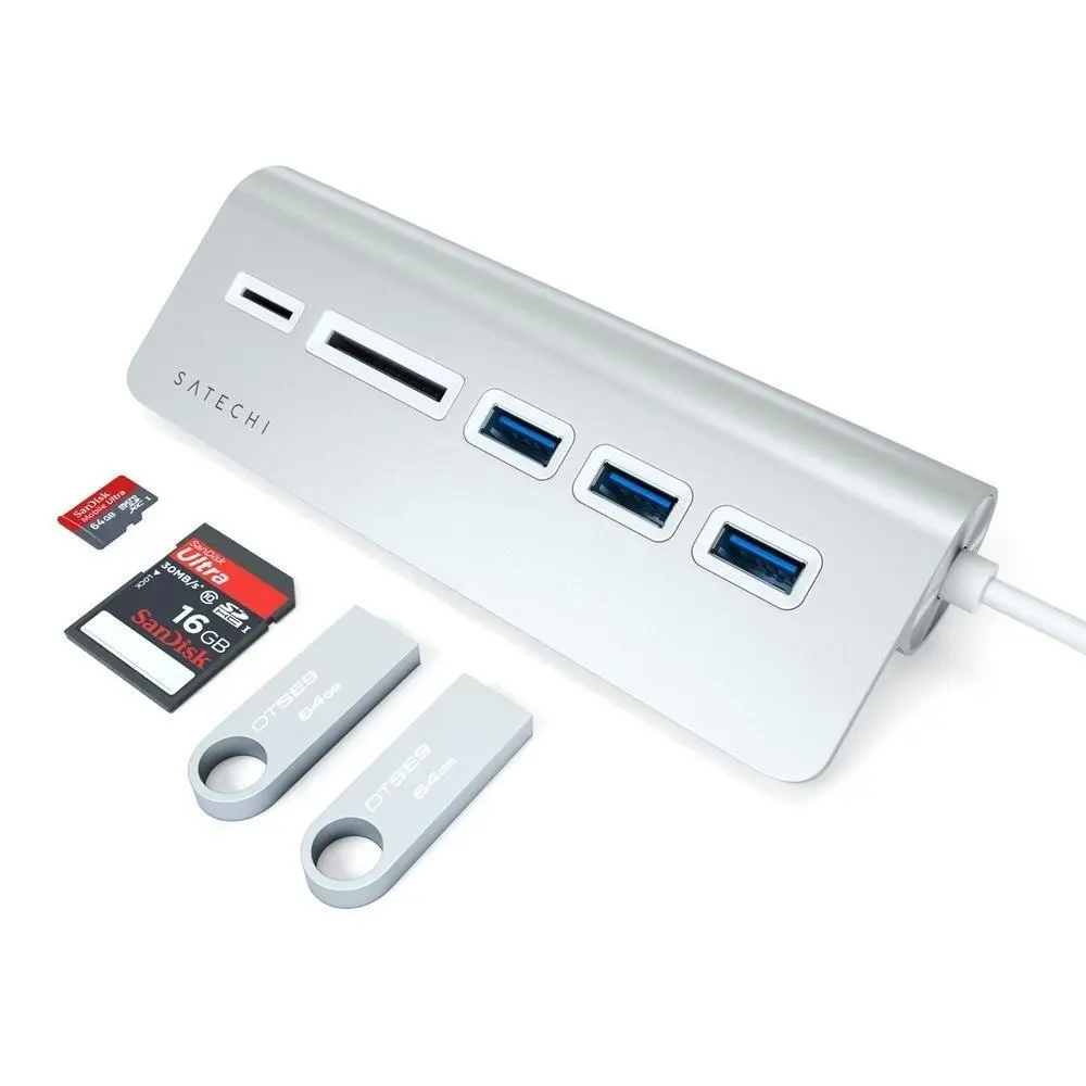 Satechi USB-C Aluminium USB 3.0 Hub & Card Reader for Laptop/PC/MacBook Silver