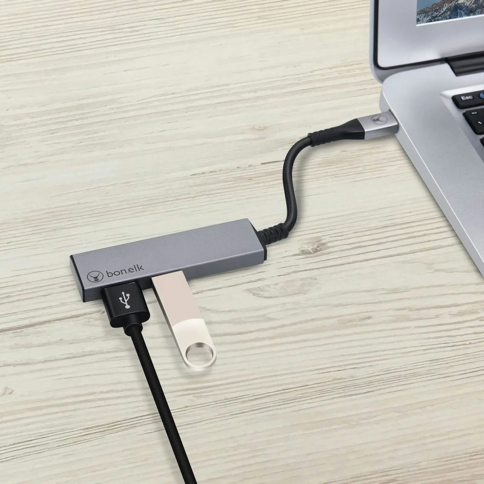 Bonelk Long-Life Slim USB-C to 2 x USB 3.0 Hub Adapter for Laptop/Computer Grey