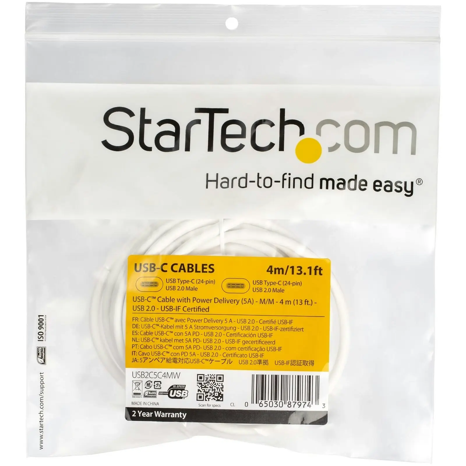 Star Tech 4m USB-C To USB-C Cable Male To Male 480Mbps Mac/ChromeOS/Phone White