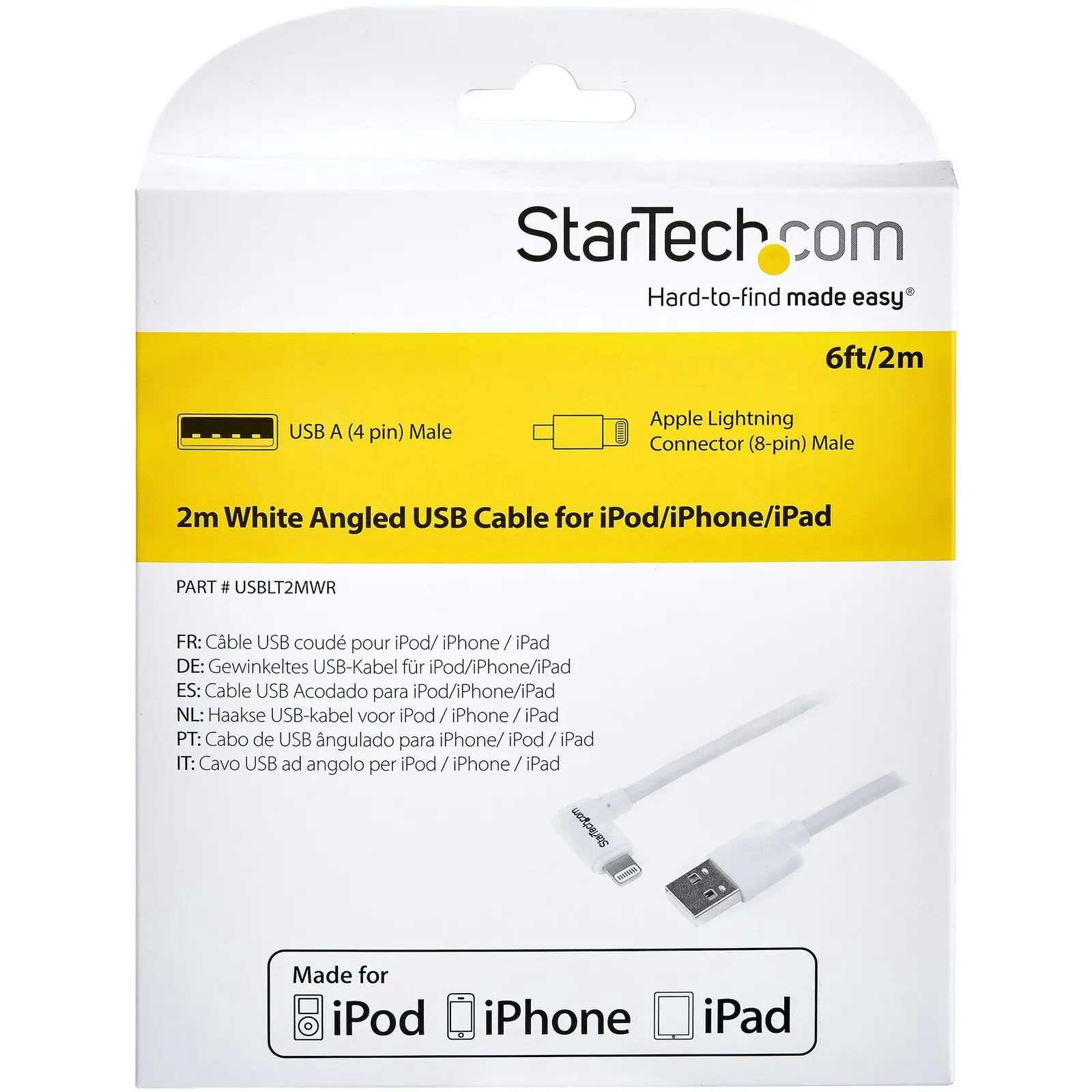 Star Tech 2m USB-A Lightning MFI-Certified Charging Cable Angled for iPhone WH