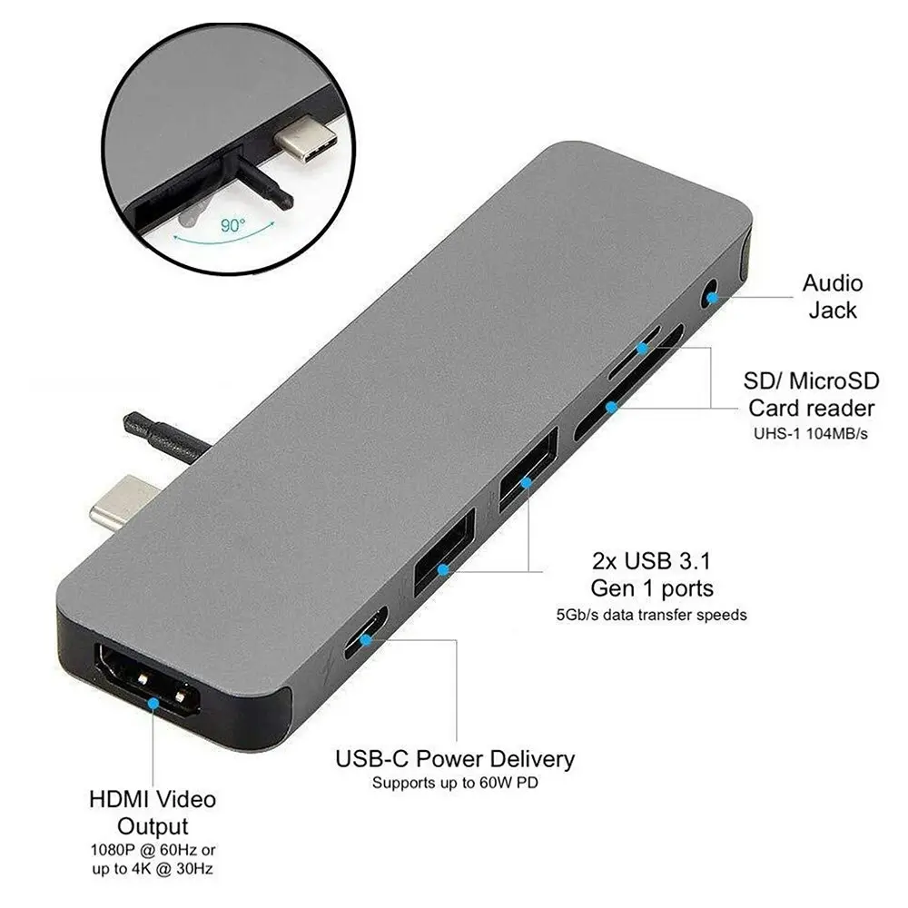 HyperDrive SOLO USB-C to HDMI/USB 3.1/3.5mm Adapter Port Hub for MacBook Grey