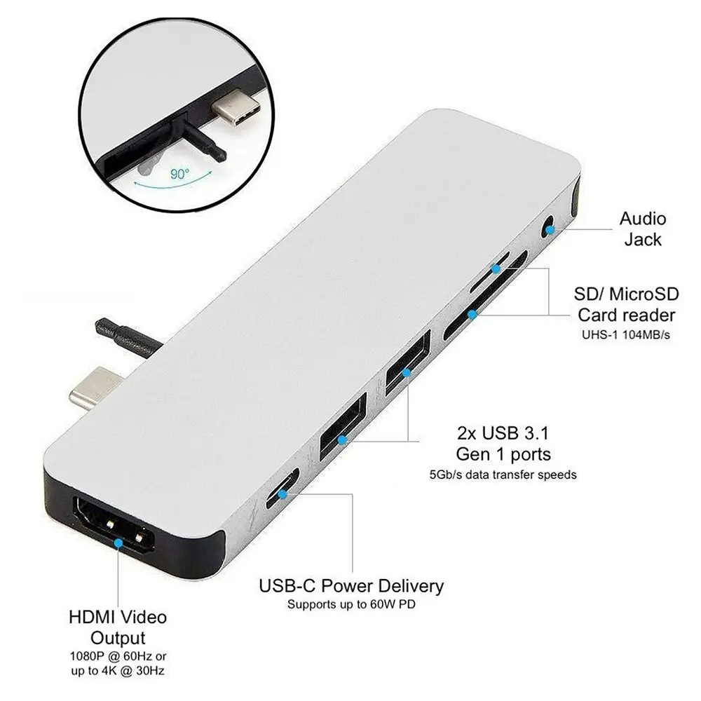 HyperDrive SOLO USB-C to HDMI/USB 3.1/3.5mm Adapter Port Hub for MacBook Silver