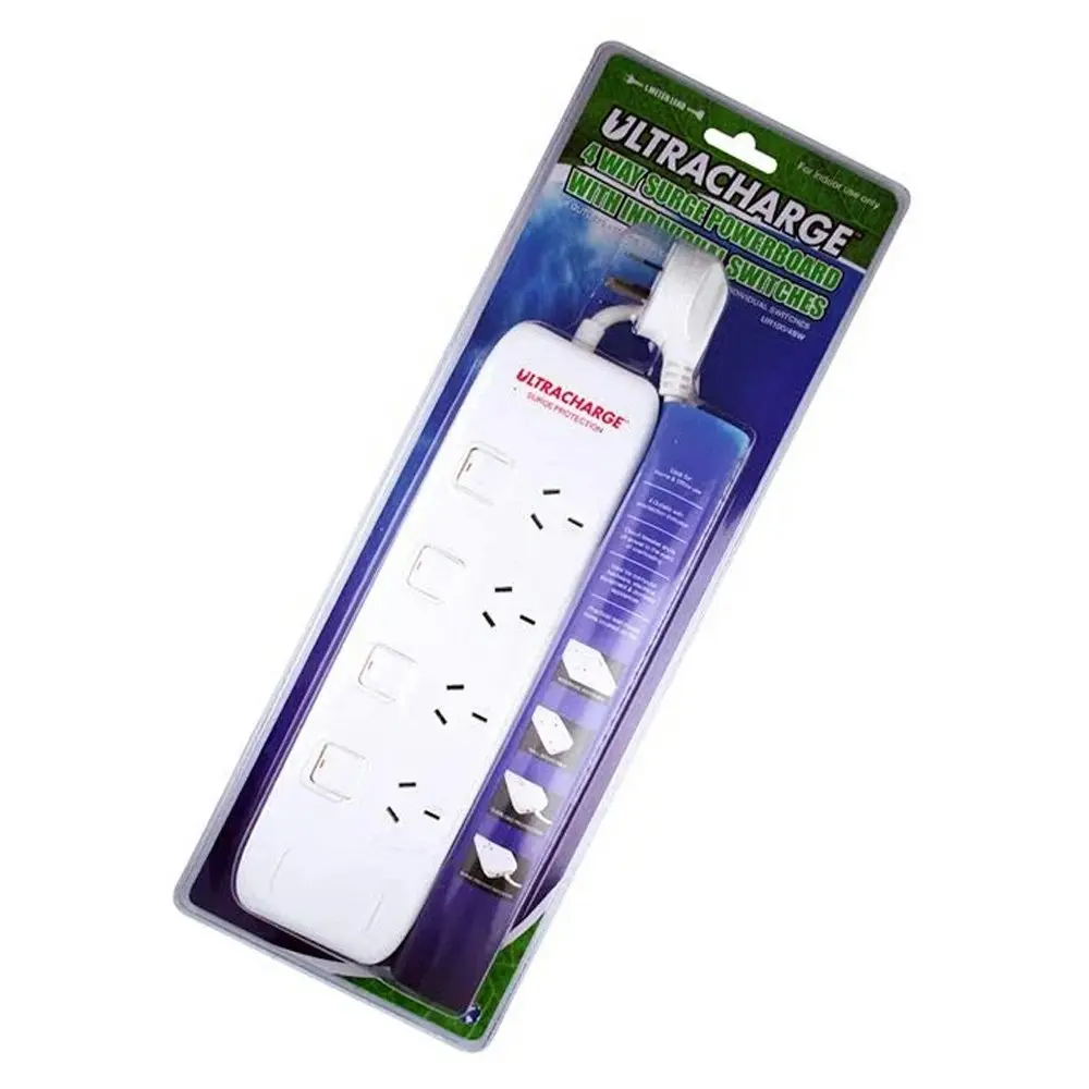 UltraCharge Power Board 4 Way Switch Surge Protection w/ 3x USB 3.4A Total White