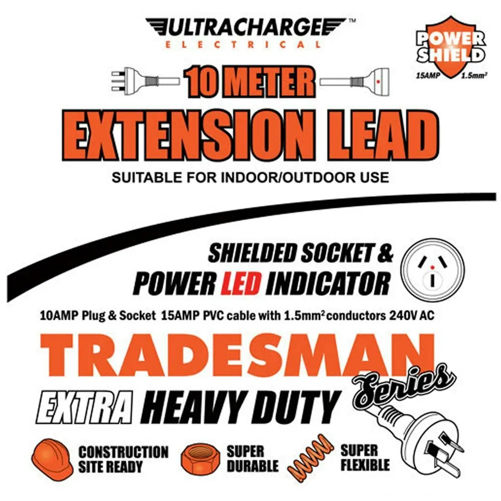 UltraCharge Tradesman 10m Heavy Duty Extension Lead/Cord 10Amp Outdoor Orange