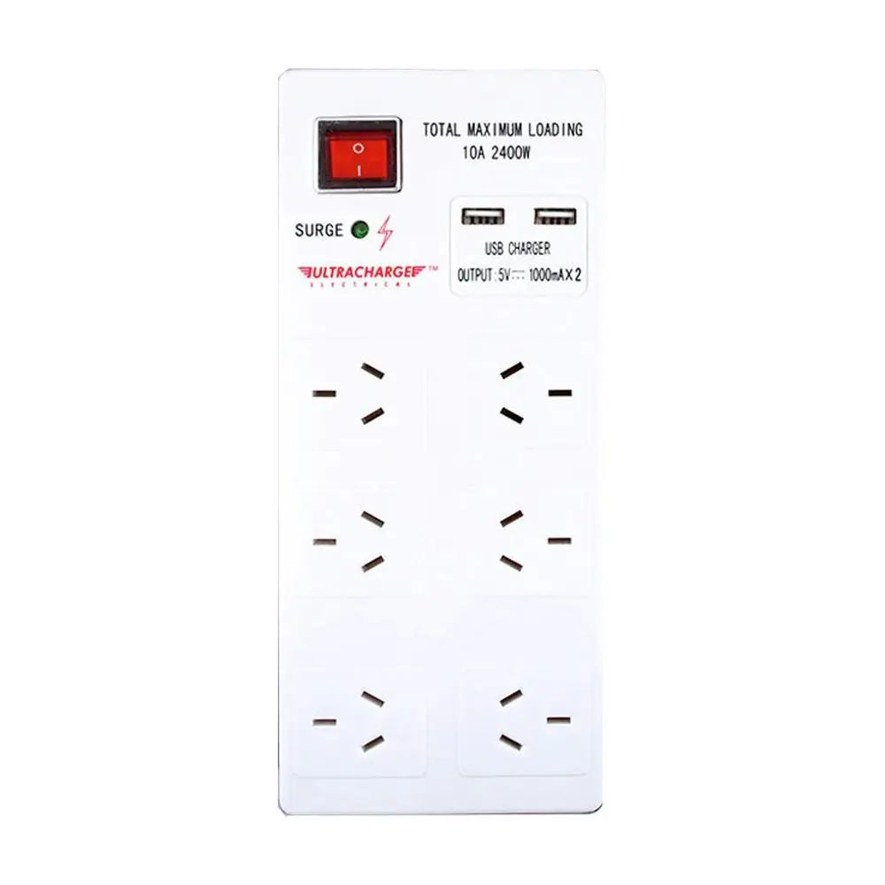 UltraCharge 6-Socket Surge Power Strip Board 1m Cord Outlets w/ 2x USB Ports WHT